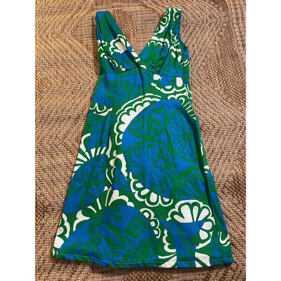 Vintage 1960s Home Made Dress mod retro Abstract Blue and Green Pattern Dress - Picture 1 of 11